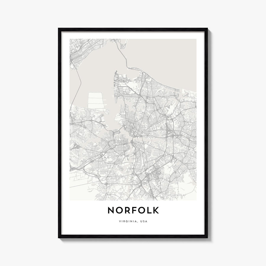 Norfolk, Virginia black & white map poster of Virginia, USA – vertical wall art, unframed print shown in interior mockup