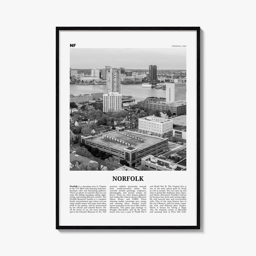 Norfolk, Virginia black & white newspaper poster of Virginia, USA – vertical wall art, unframed print shown in interior mocku