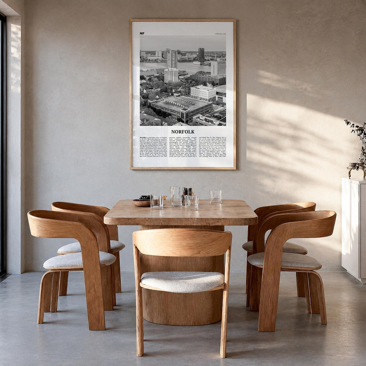 Norfolk, Virginia black & white newspaper poster of Virginia, USA – vertical wall art in natural wood frame, hanging on wall