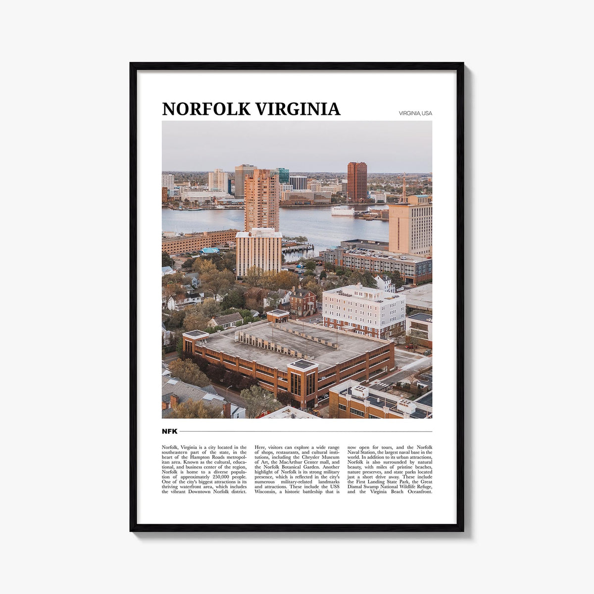 Norfolk, Virginia colorful travel poster of Virginia, USA – vertical wall art, unframed print shown in interior mockup