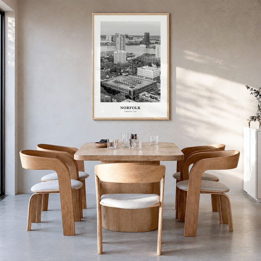 Norfolk, Virginia Classic Poster in a natural wood frame, hanging in a dining room
