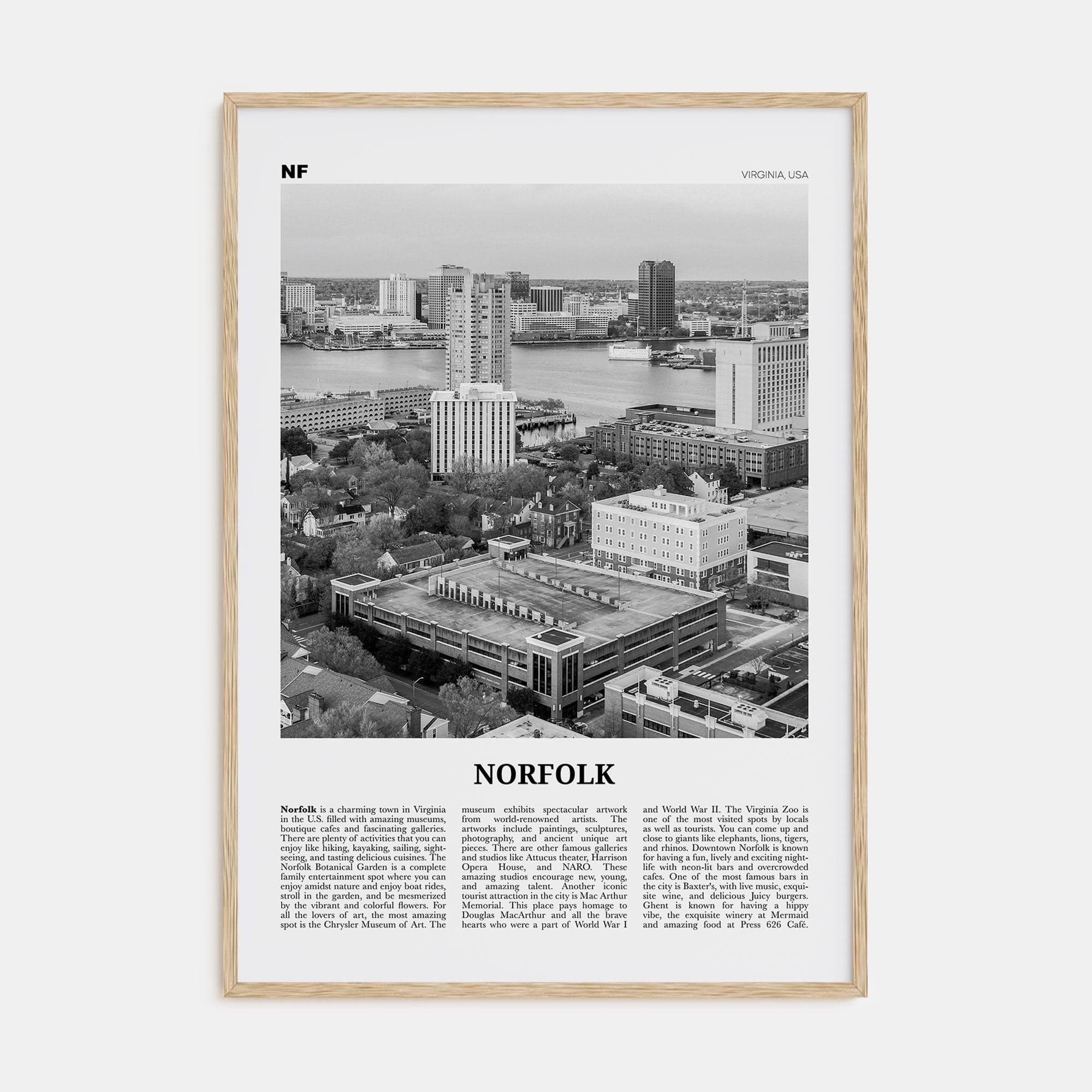 Norfolk, Virginia Poster Natural Wood / 8x12 in Nbourhood Travel B&W Poster