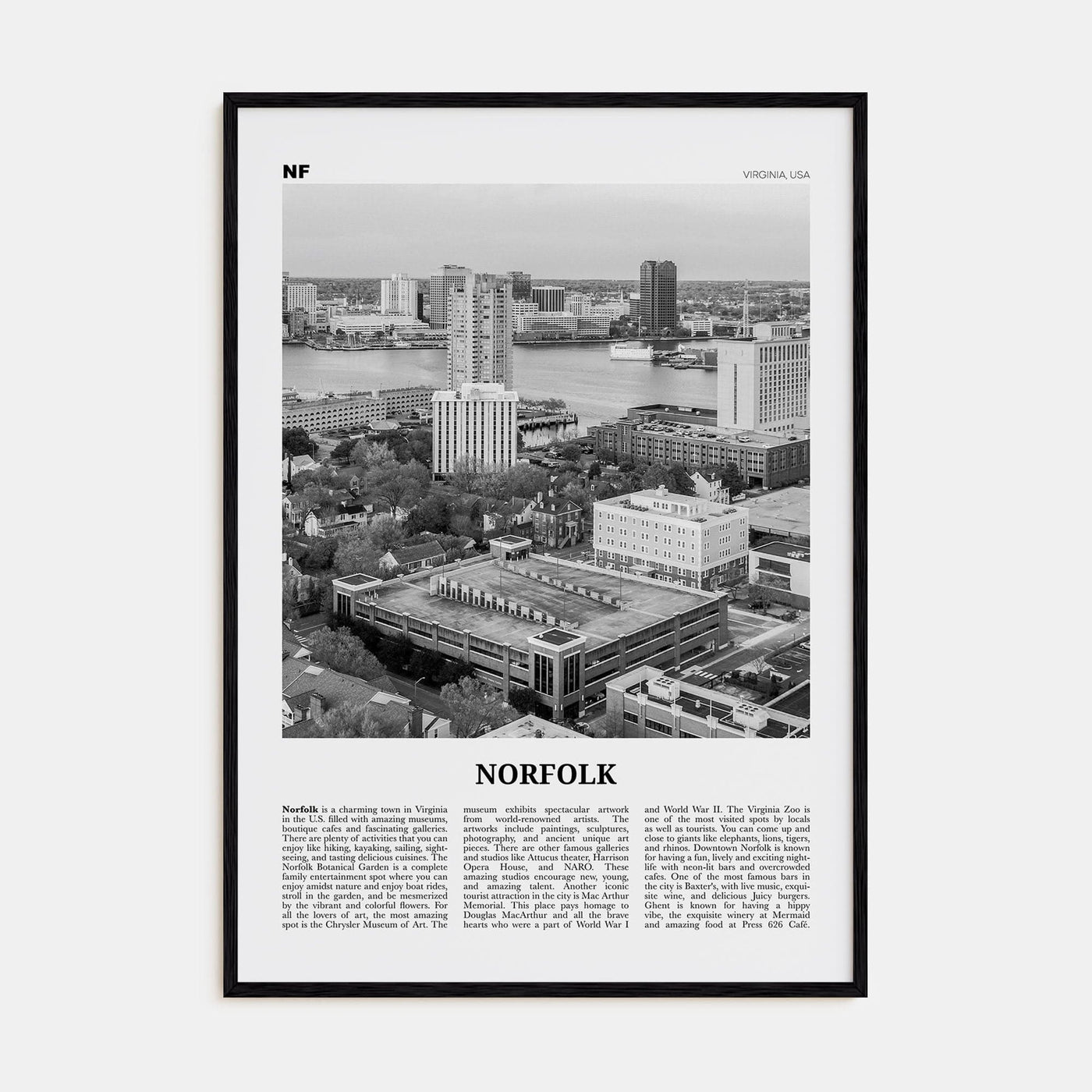 Norfolk, Virginia Poster Black Wood / 8x12 in Nbourhood Travel B&W Poster