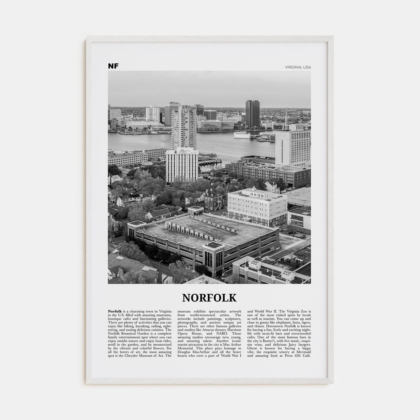 Norfolk, Virginia Poster White Wood / 8x12 in Nbourhood Travel B&W Poster