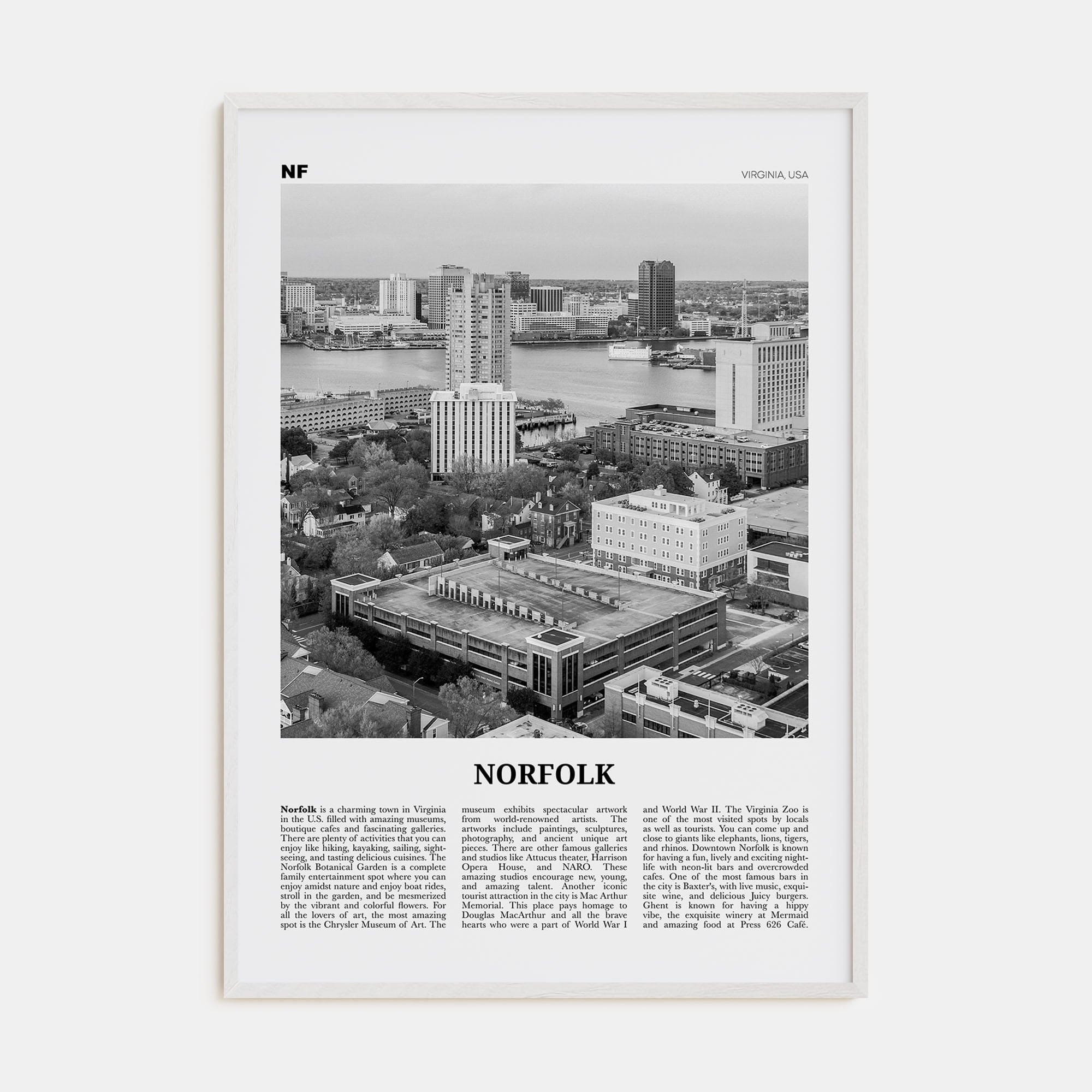 Norfolk, Virginia Poster White Wood / 8x12 in Nbourhood Travel B&W Poster