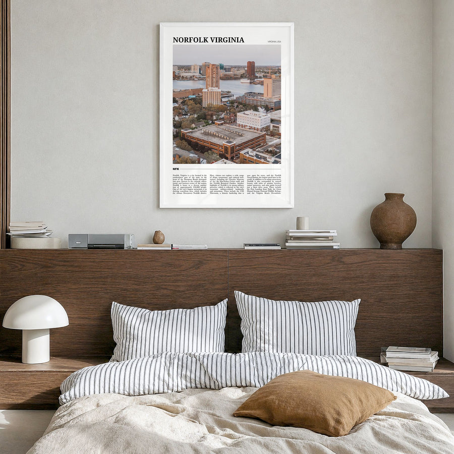Norfolk, Virginia Travel Poster in a white wood frame, hanging in a bedroom