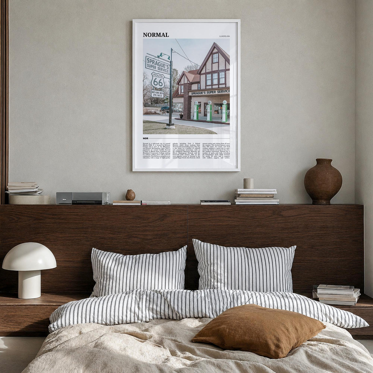 Normal colorful travel poster of Illinois, USA – vertical wall art in white wood frame, hanging on wall