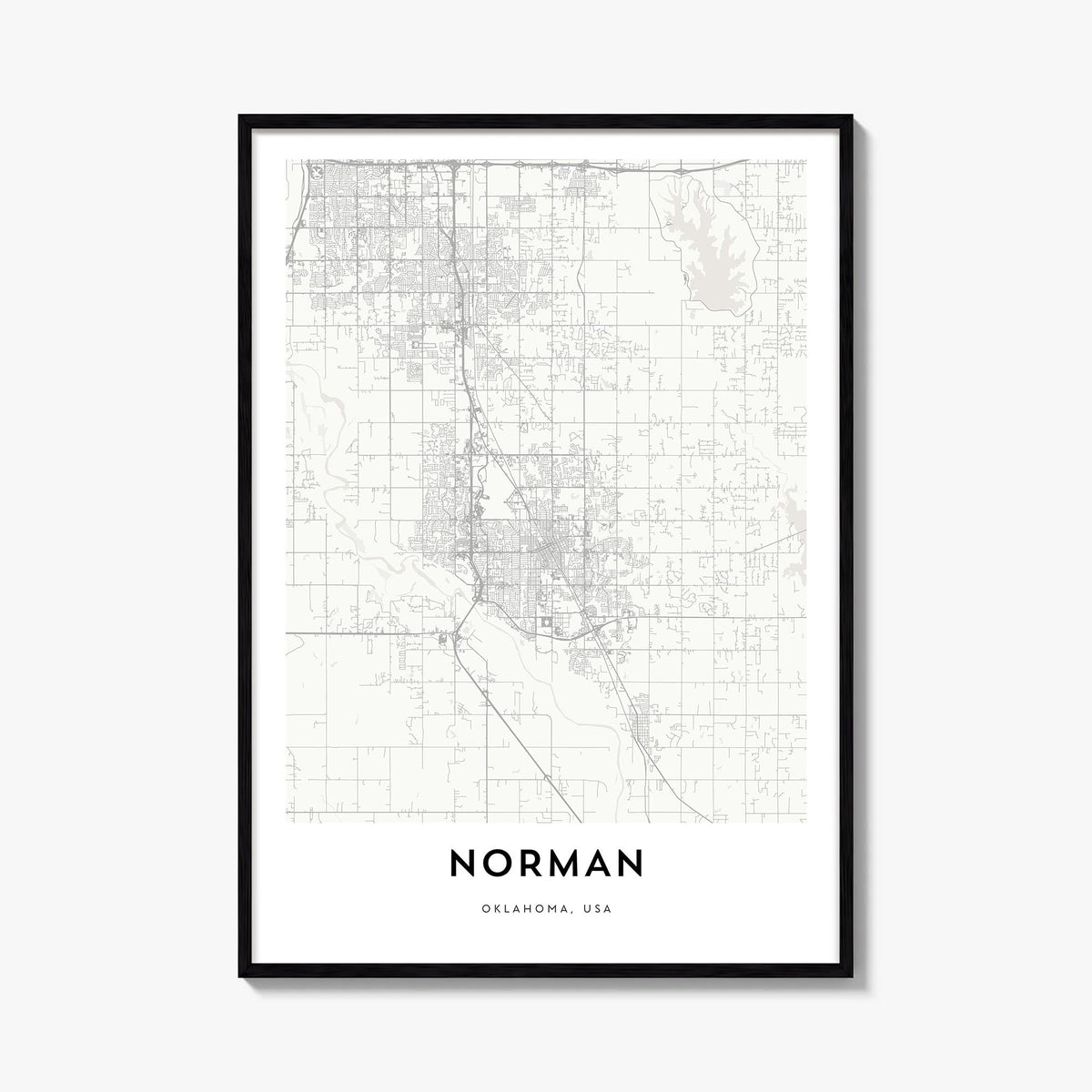 Norman black & white map poster of Oklahoma, USA – vertical wall art, unframed print shown in interior mockup