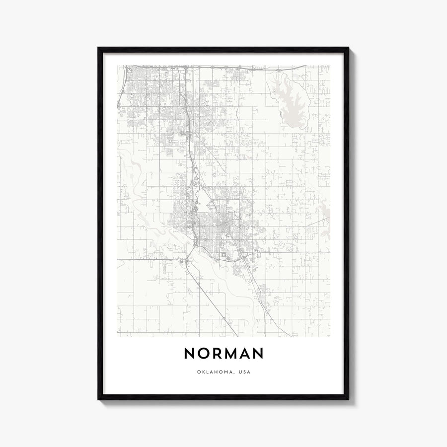 Norman black & white map poster of Oklahoma, USA – vertical wall art, unframed print shown in interior mockup