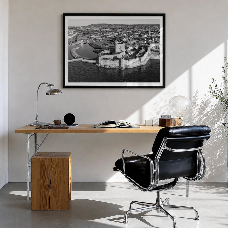 Norman black & white photo poster of Oklahoma, USA – horizontal wall art in black wood frame with white border, hanging on wa