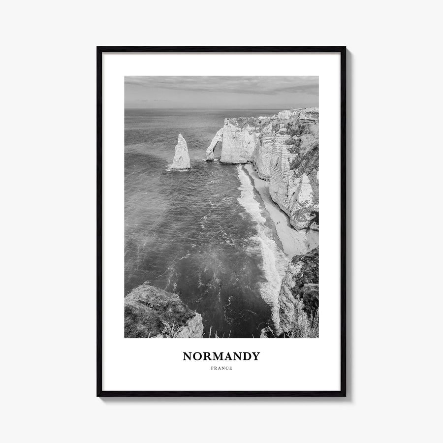 Normandy black & white classic poster of France – vertical wall art, unframed print shown in interior mockup
