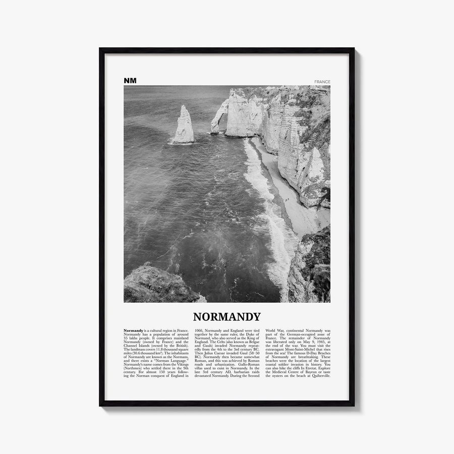 Normandy black & white newspaper poster of France – vertical wall art, unframed print shown in interior mockup