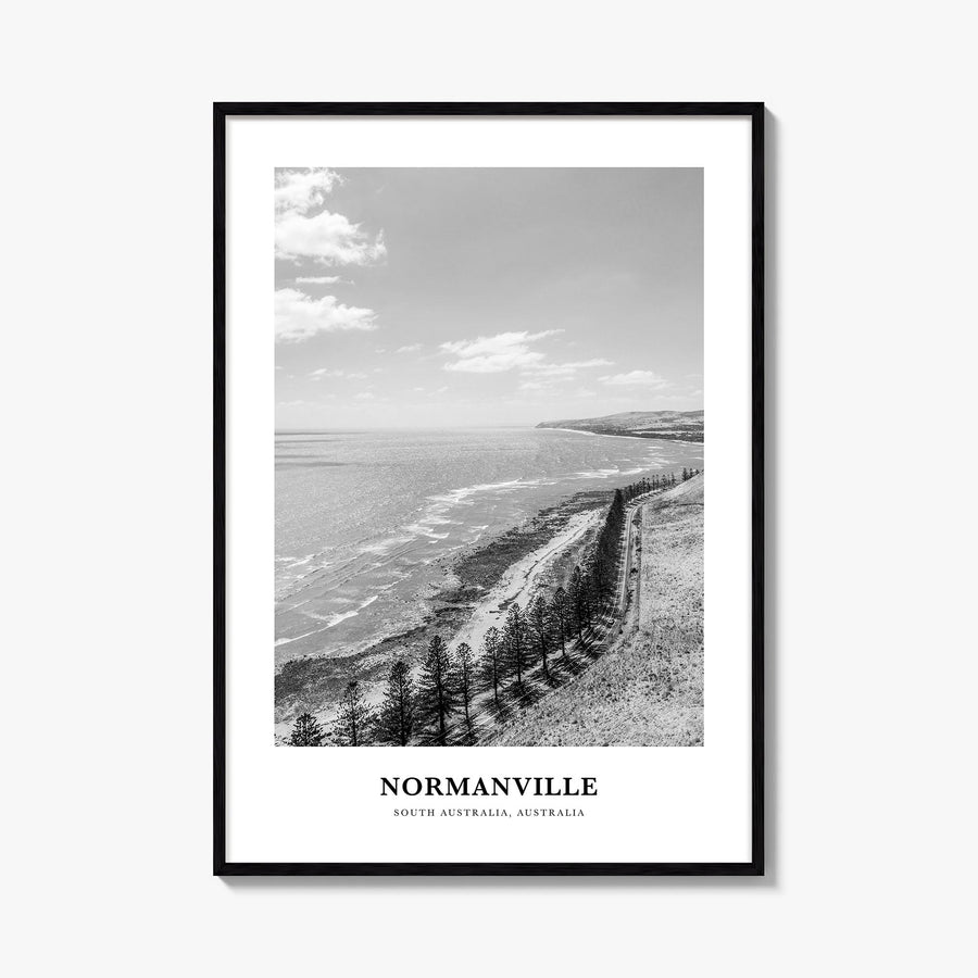 Normanville black & white classic poster of Australia – vertical wall art, unframed print shown in interior mockup