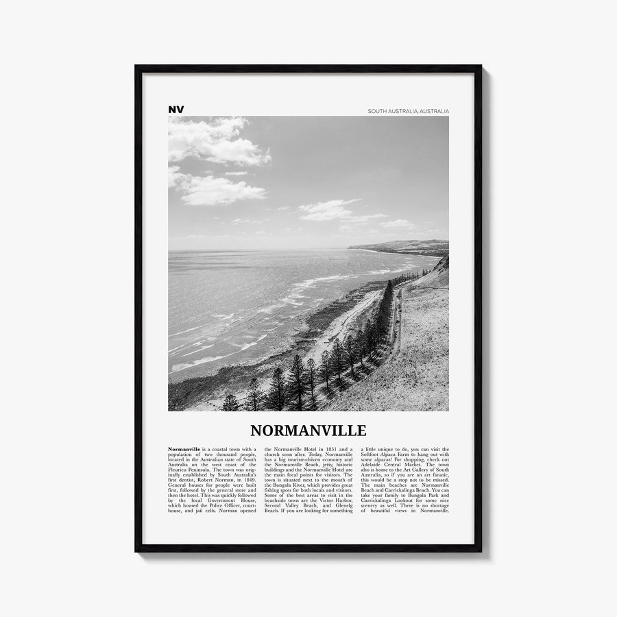 Normanville black & white newspaper poster of Australia – vertical wall art, unframed print shown in interior mockup