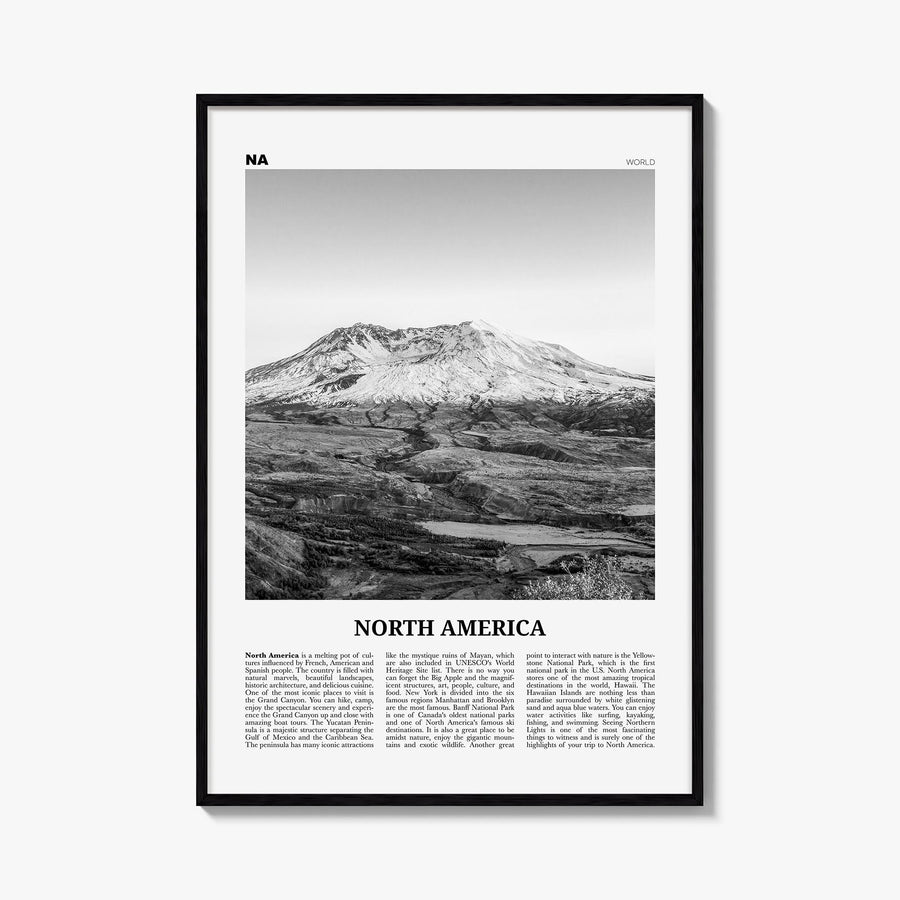 North America black & white newspaper poster – vertical wall art, unframed print shown in interior mockup
