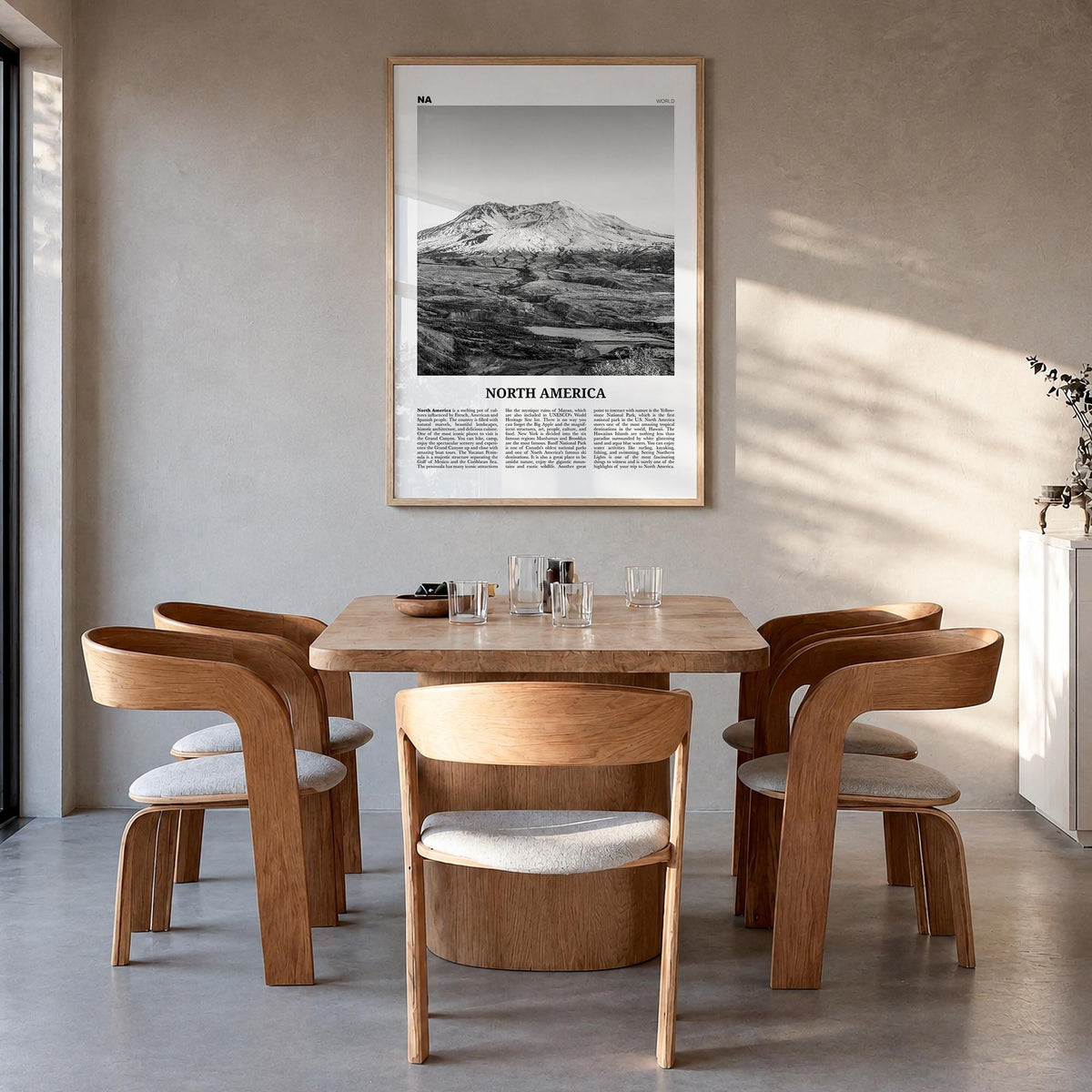 North America black & white newspaper poster – vertical wall art in natural wood frame, hanging on wall