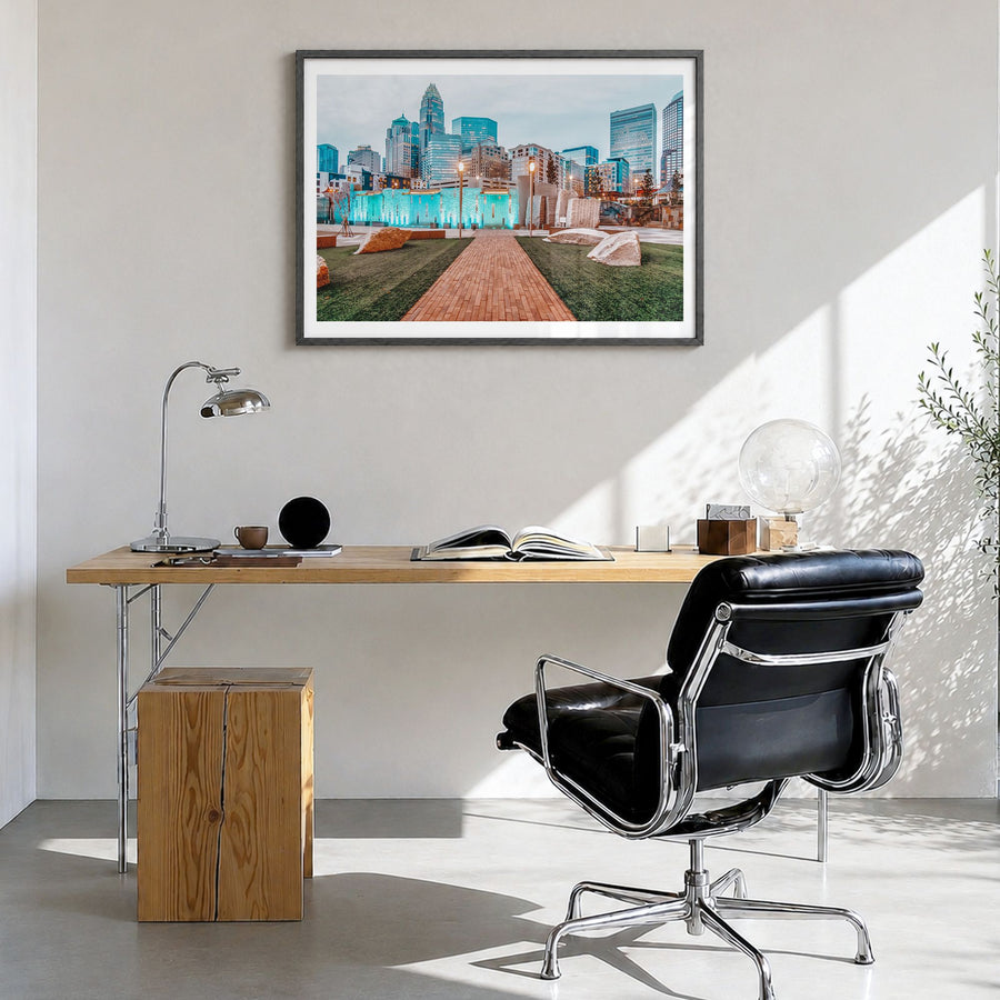 North Carolina Photo Poster in a black wood frame, hanging in a bright home office, white border