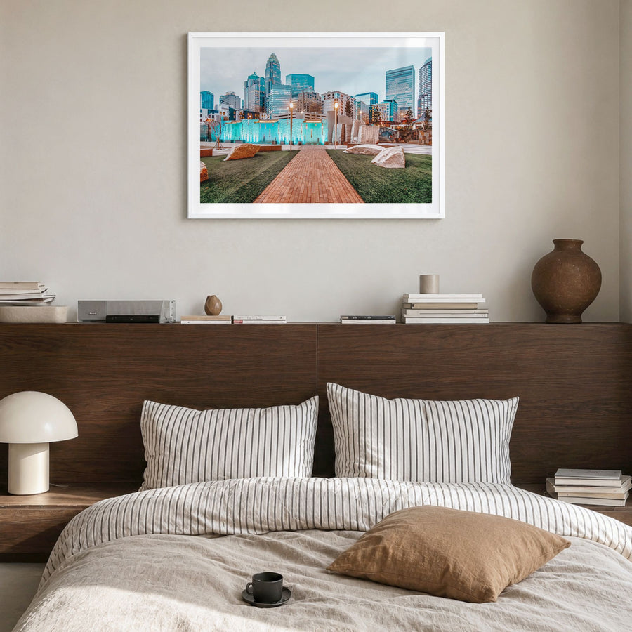 North Carolina Photo Poster in a white wood frame, hanging in a bedroom, white border