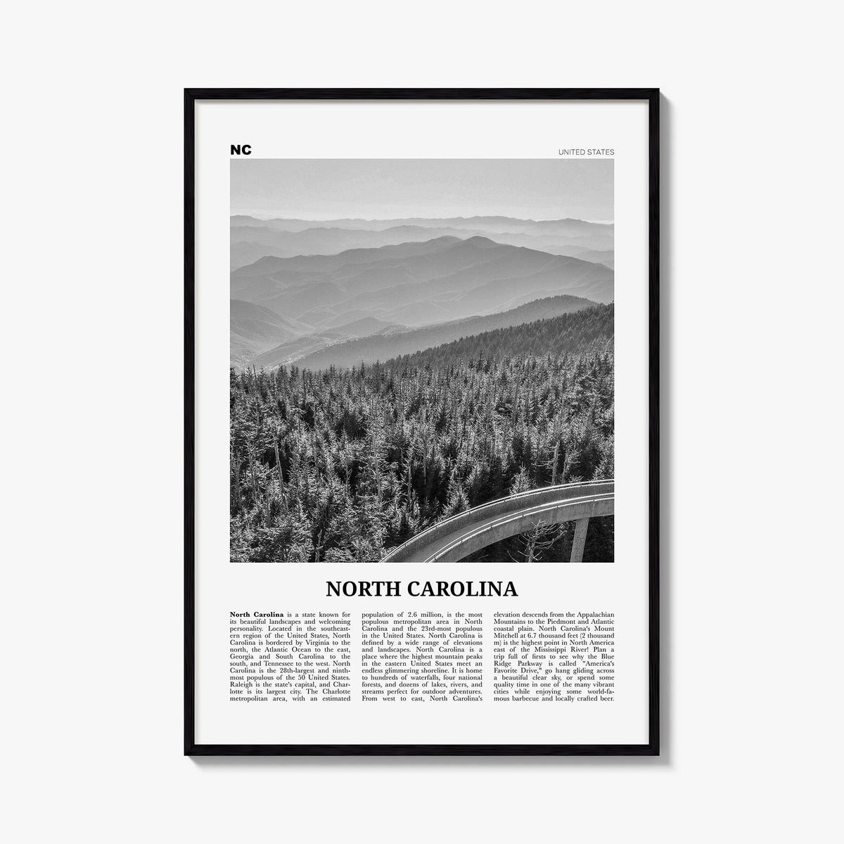 North Carolina no. 1 black & white newspaper poster of United States – vertical wall art, unframed print shown in interior mo
