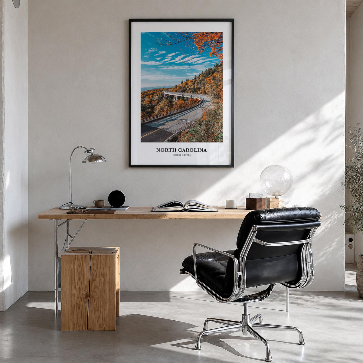 North Carolina no. 1 colorful classic poster of United States – vertical wall art in black wood frame, hanging on wall