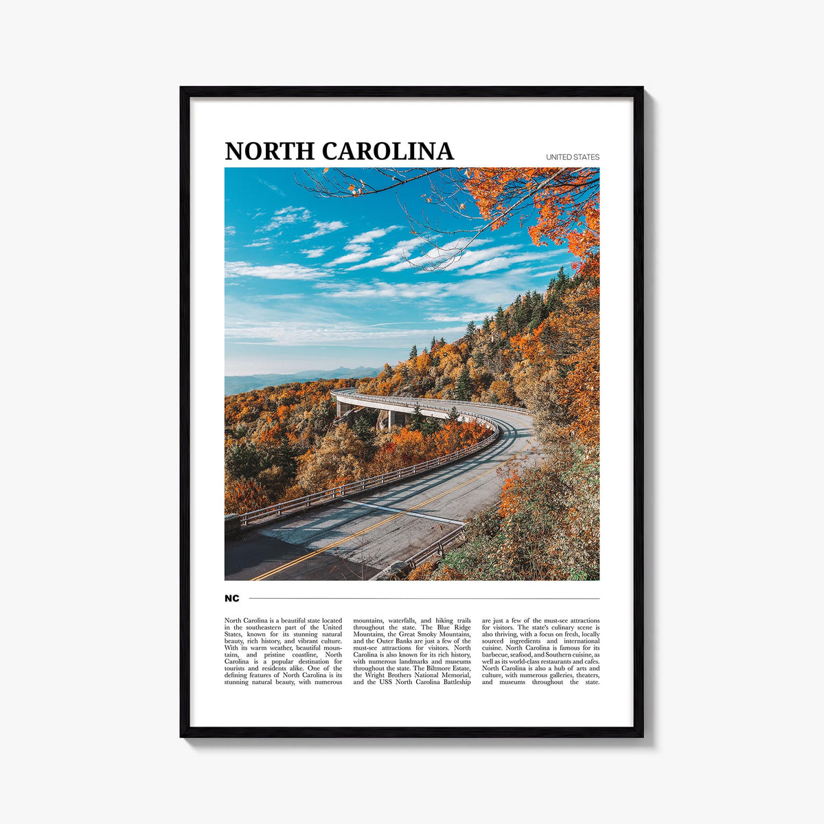North Carolina no. 1 colorful travel poster of United States – vertical wall art, unframed print shown in interior mockup