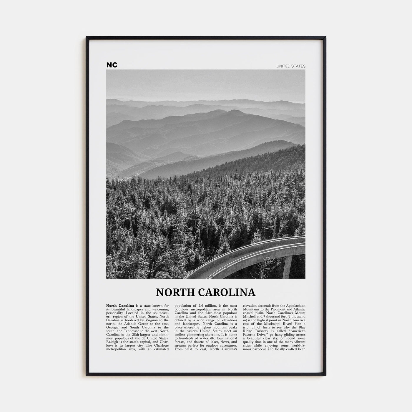 North Carolina No 1 Poster None / 8x12 in Nbourhood Travel B&W Poster