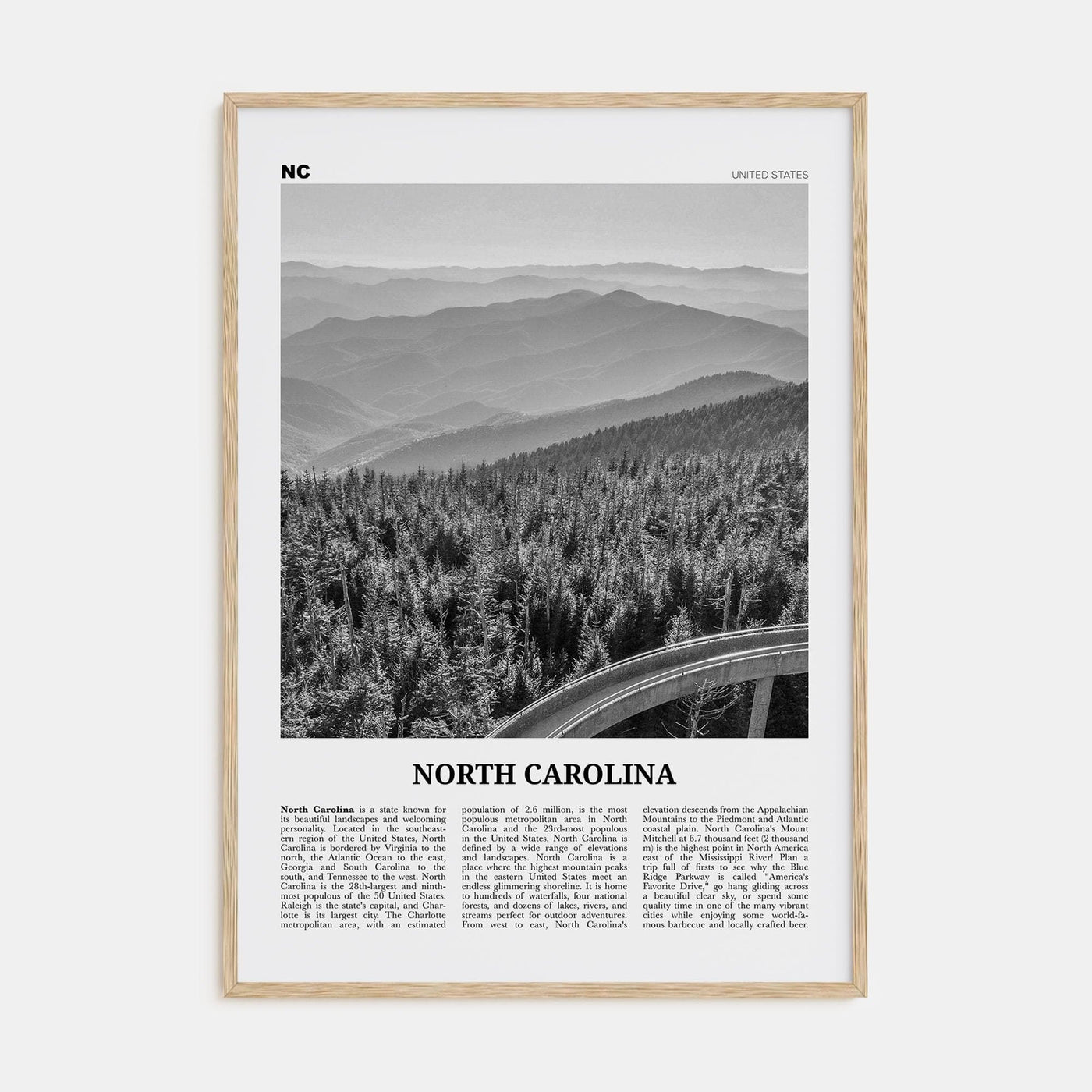 North Carolina No 1 Poster Natural Wood / 8x12 in Nbourhood Travel B&W Poster