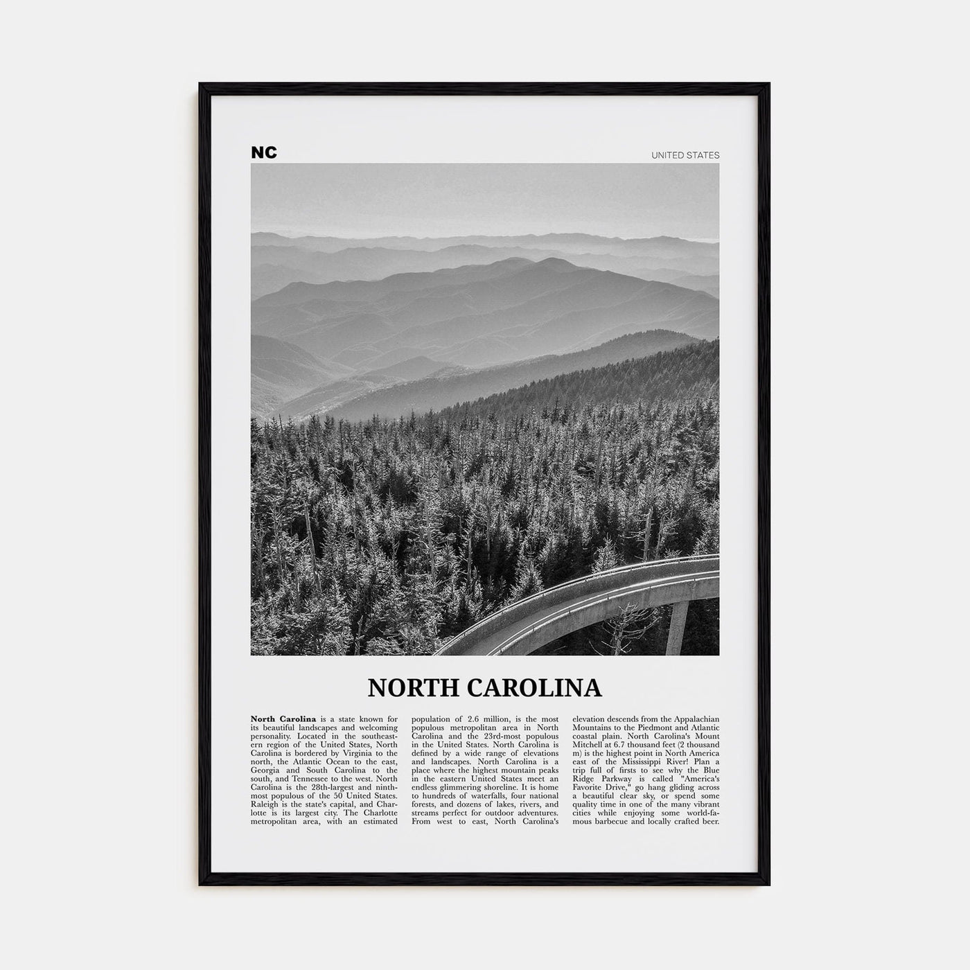 North Carolina No 1 Poster Black Wood / 8x12 in Nbourhood Travel B&W Poster