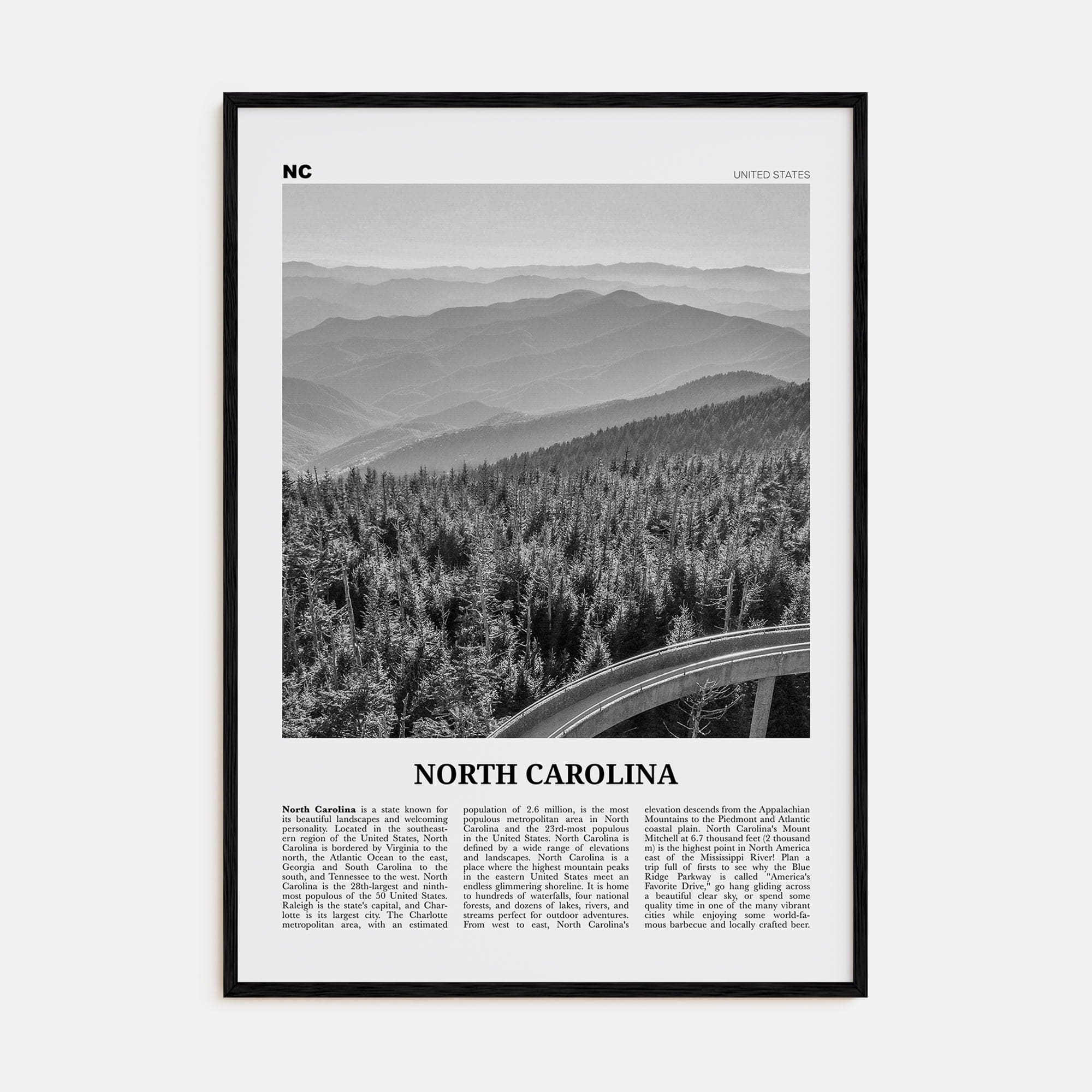 North Carolina No 1 Poster Black Wood / 8x12 in Nbourhood Travel B&W Poster