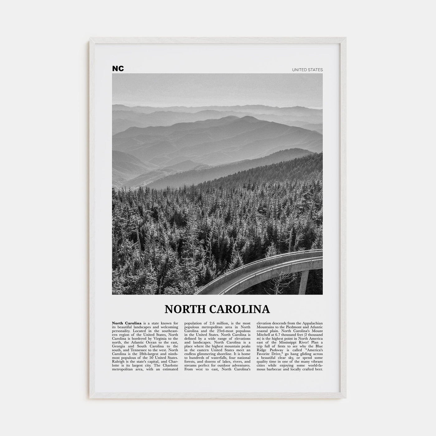 North Carolina No 1 Poster White Wood / 8x12 in Nbourhood Travel B&W Poster