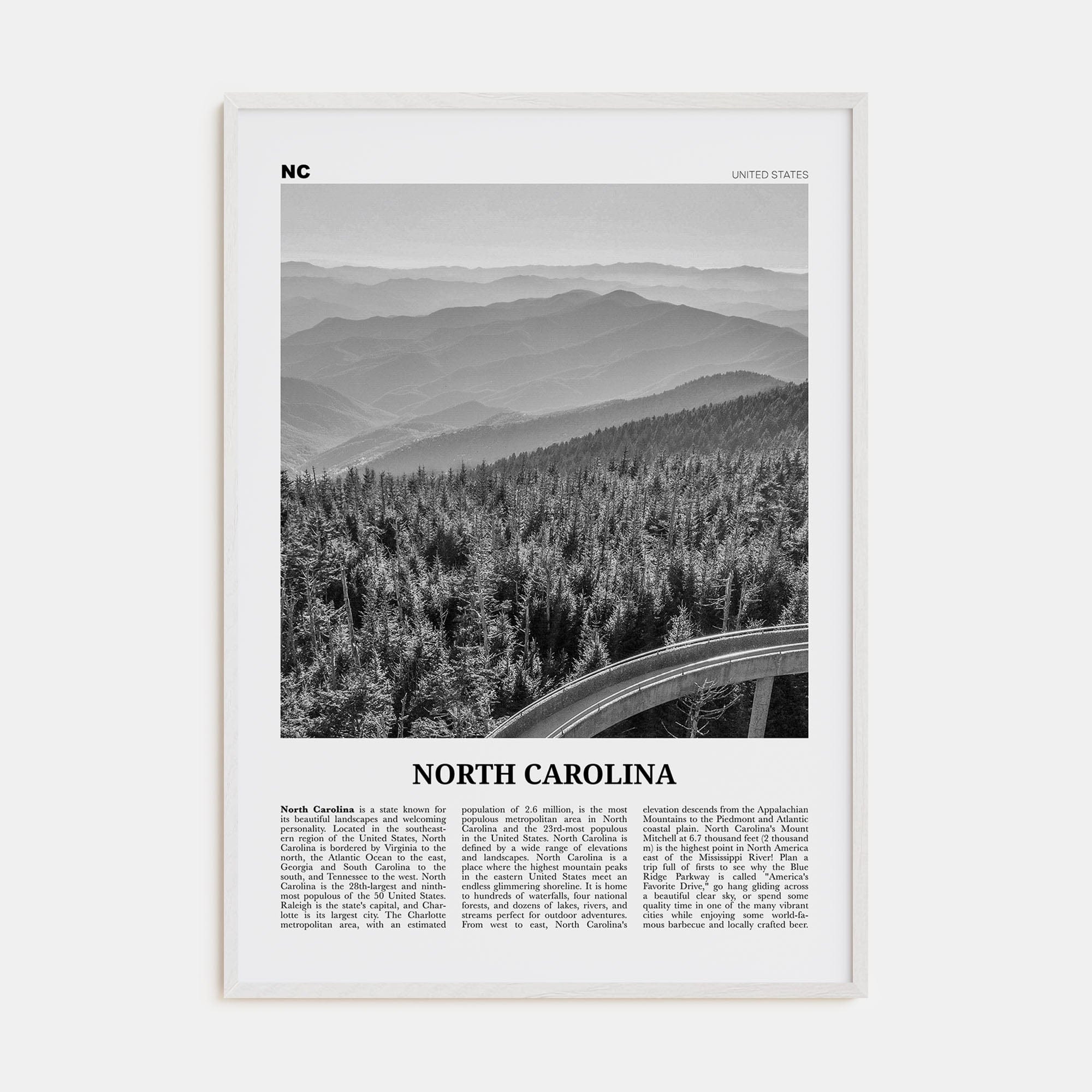 North Carolina No 1 Poster White Wood / 8x12 in Nbourhood Travel B&W Poster