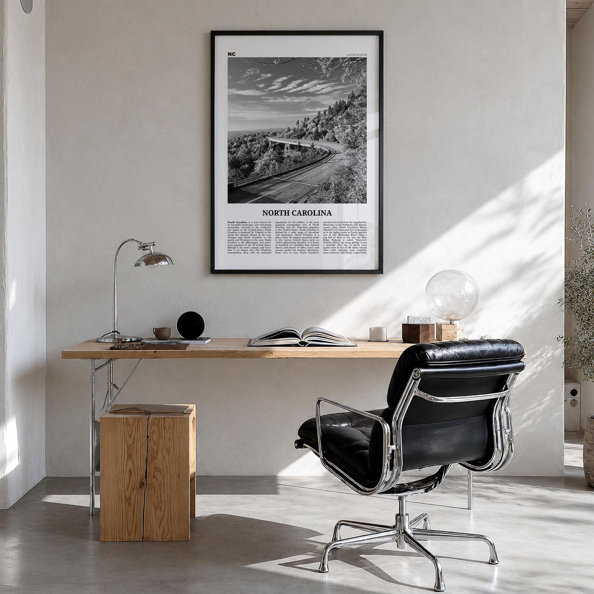 North Carolina no. 3 black & white newspaper poster of United States – vertical wall art in black wood frame, hanging on wall