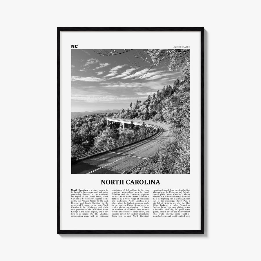 North Carolina no. 3 black & white newspaper poster of United States – vertical wall art, unframed print shown in interior mo