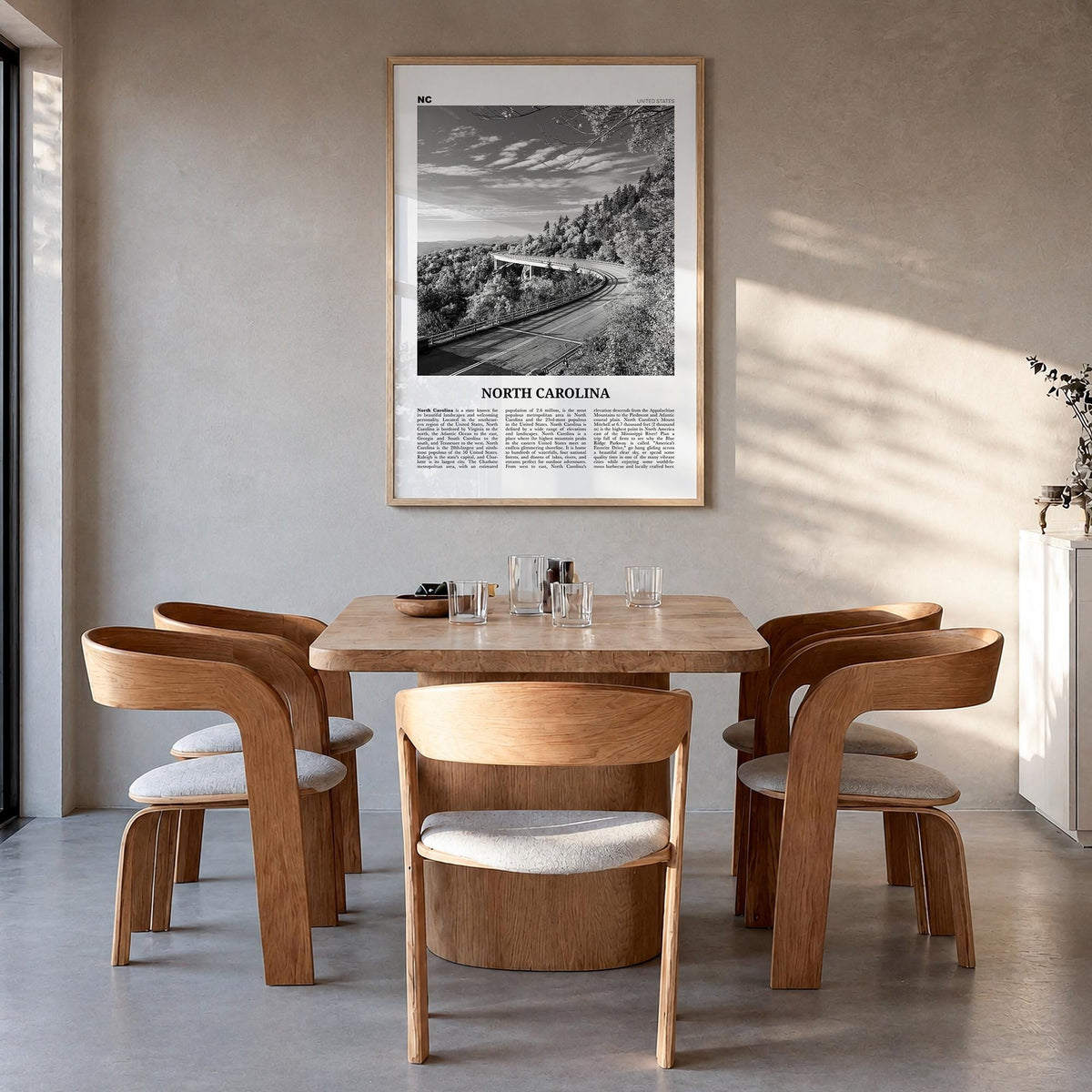 North Carolina no. 3 black & white newspaper poster of United States – vertical wall art in natural wood frame, hanging on wa