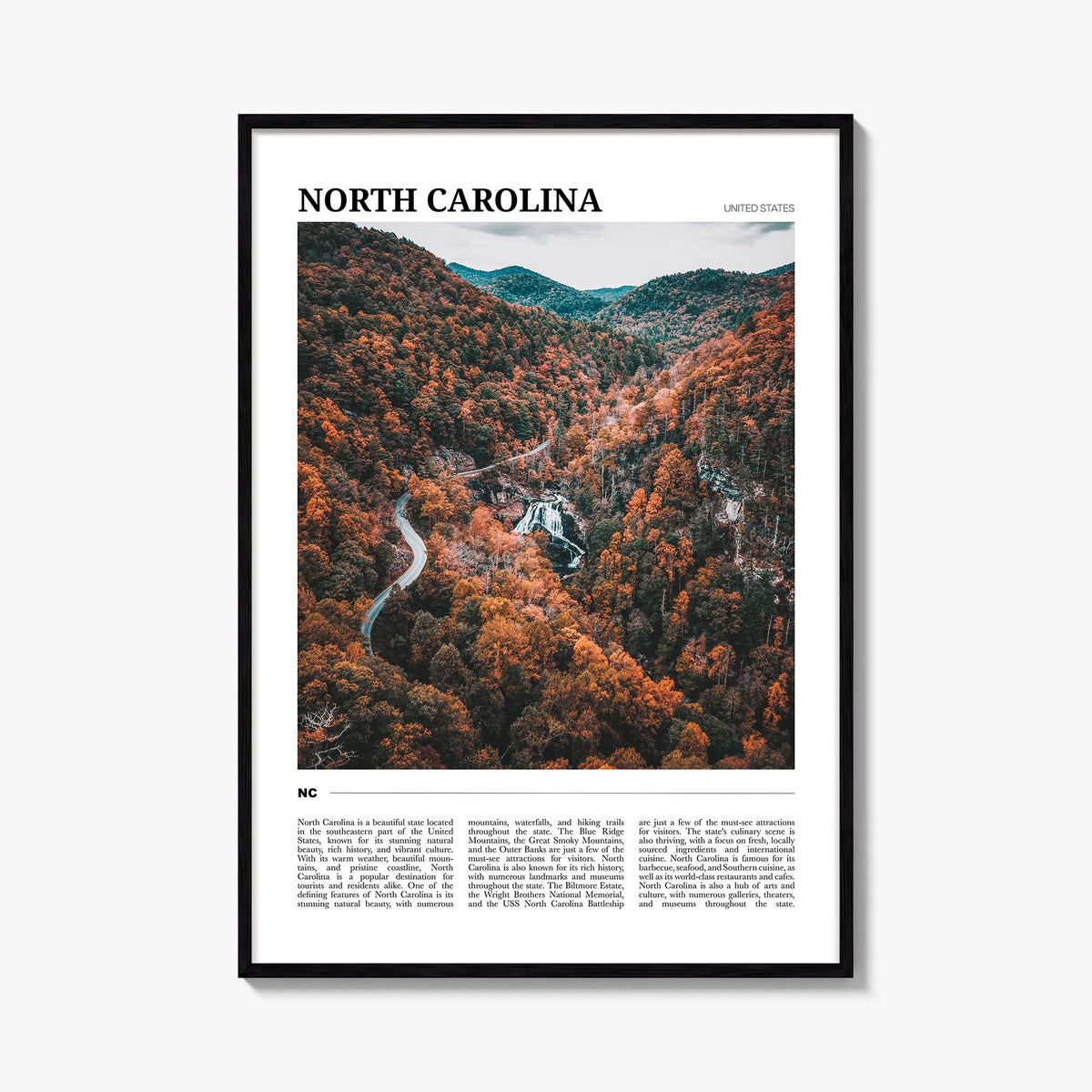 North Carolina no. 3 colorful travel poster of United States – vertical wall art, unframed print shown in interior mockup
