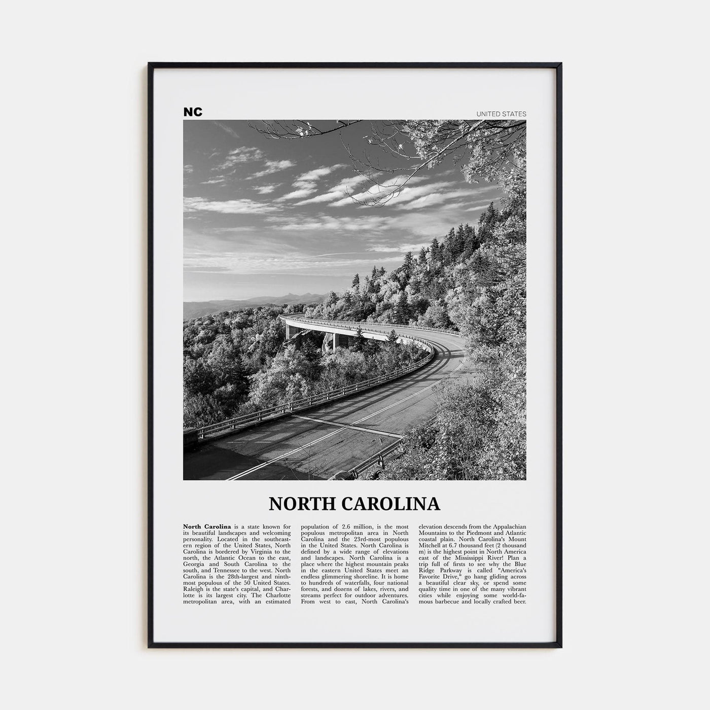 North Carolina No 3 Poster None / 8x12 in Nbourhood Travel B&W Poster