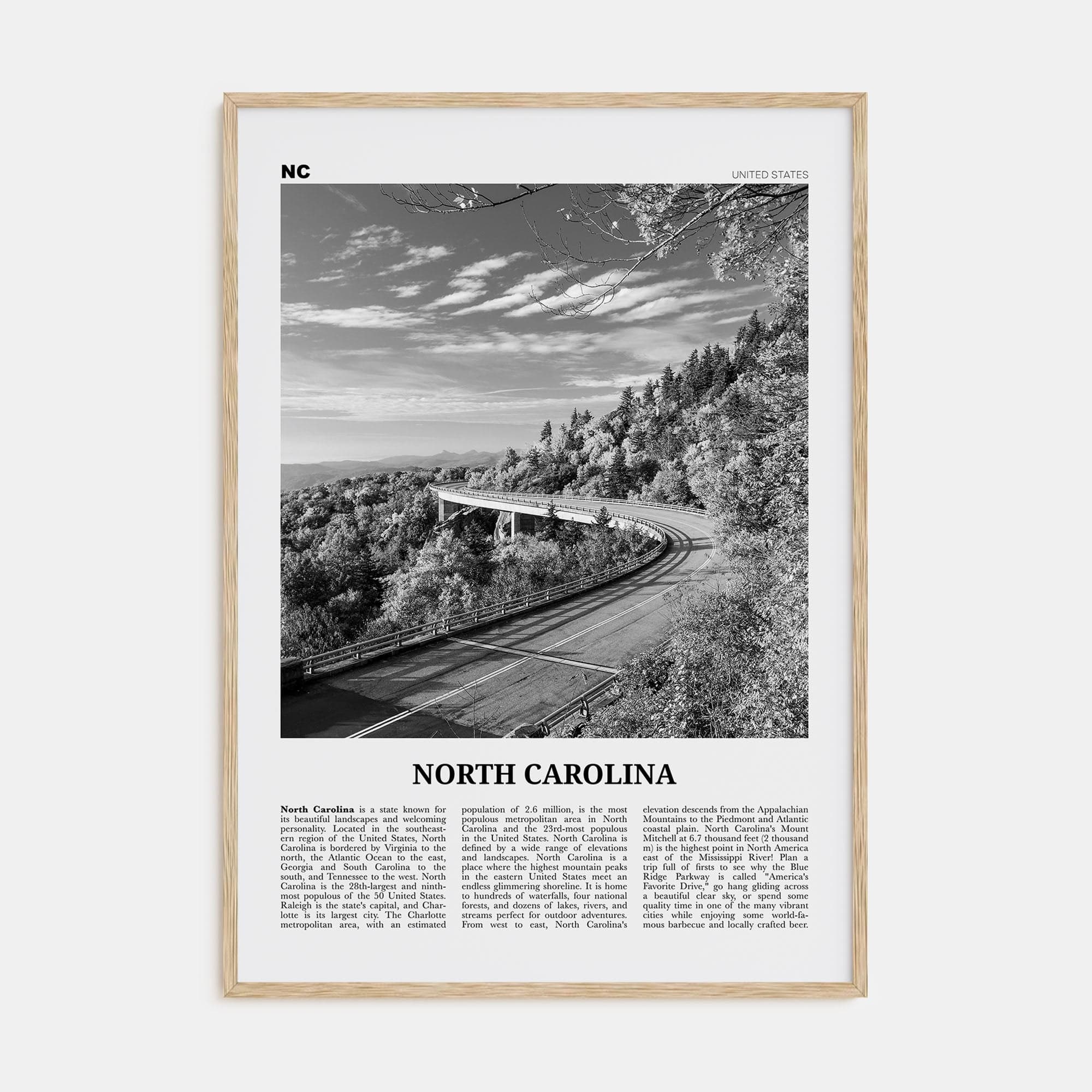 North Carolina No 3 Poster Natural Wood / 8x12 in Nbourhood Travel B&W Poster