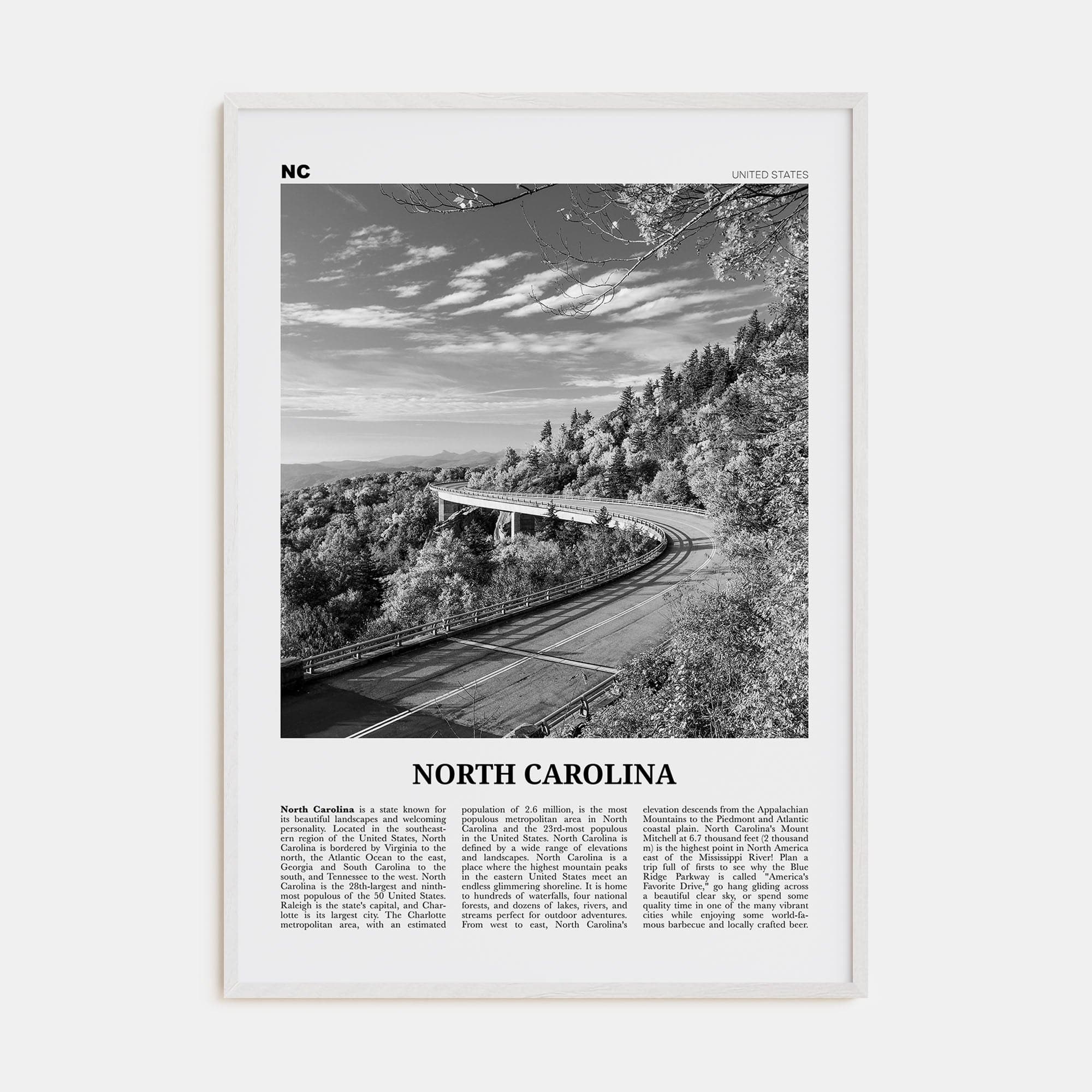 North Carolina No 3 Poster White Wood / 8x12 in Nbourhood Travel B&W Poster