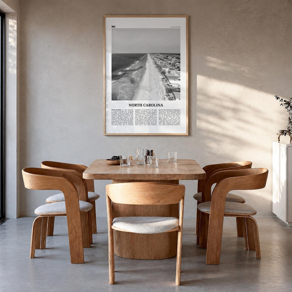 North Carolina no. 4 black & white newspaper poster of United States – vertical wall art in natural wood frame, hanging on wa
