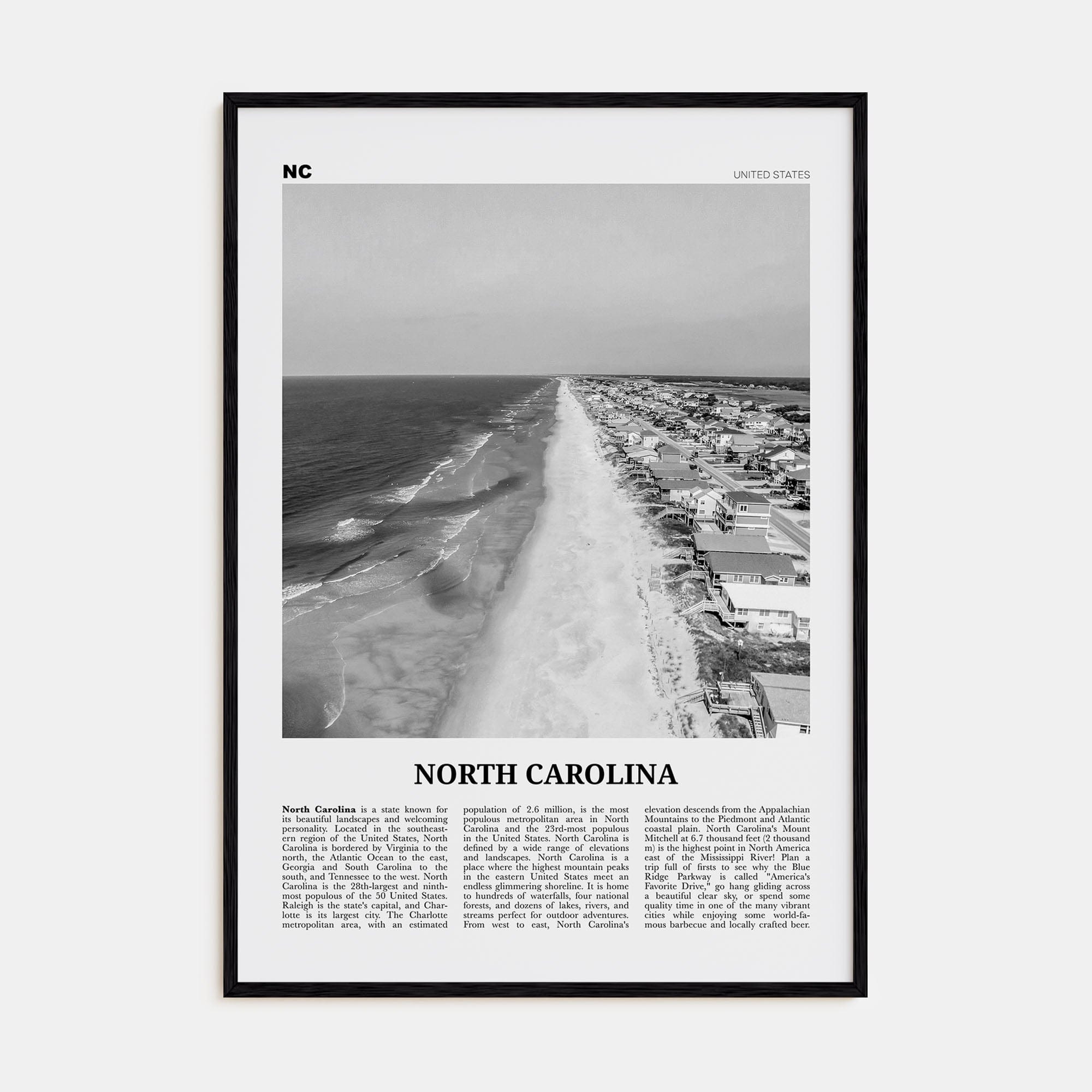 North Carolina No 4 Poster Black Wood / 8x12 in Nbourhood Travel B&W Poster