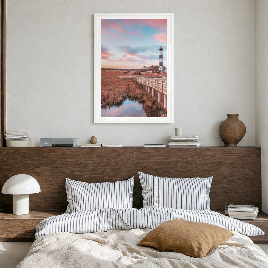 North Carolina Photo No 1 Poster in a white wood frame, hanging in a bedroom, white border