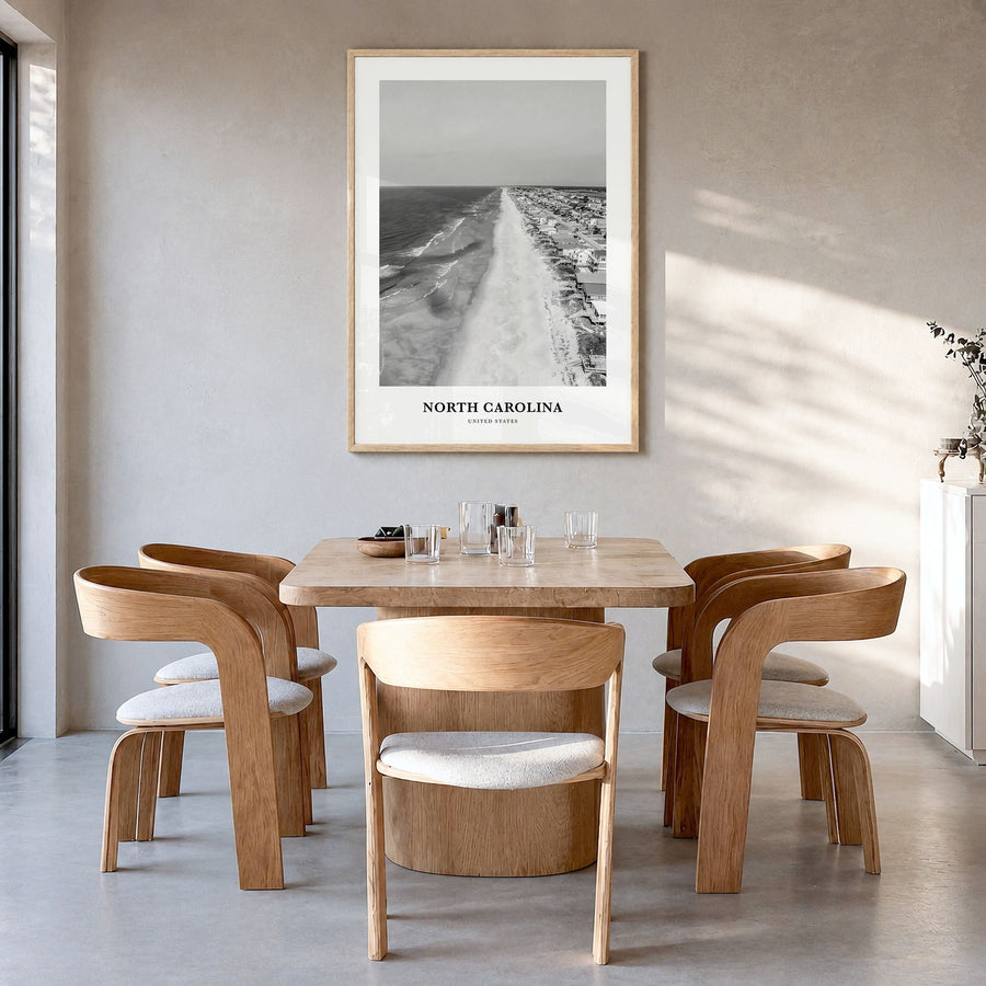 North Carolina Classic No 1 Poster in a natural wood frame, hanging in a dining room