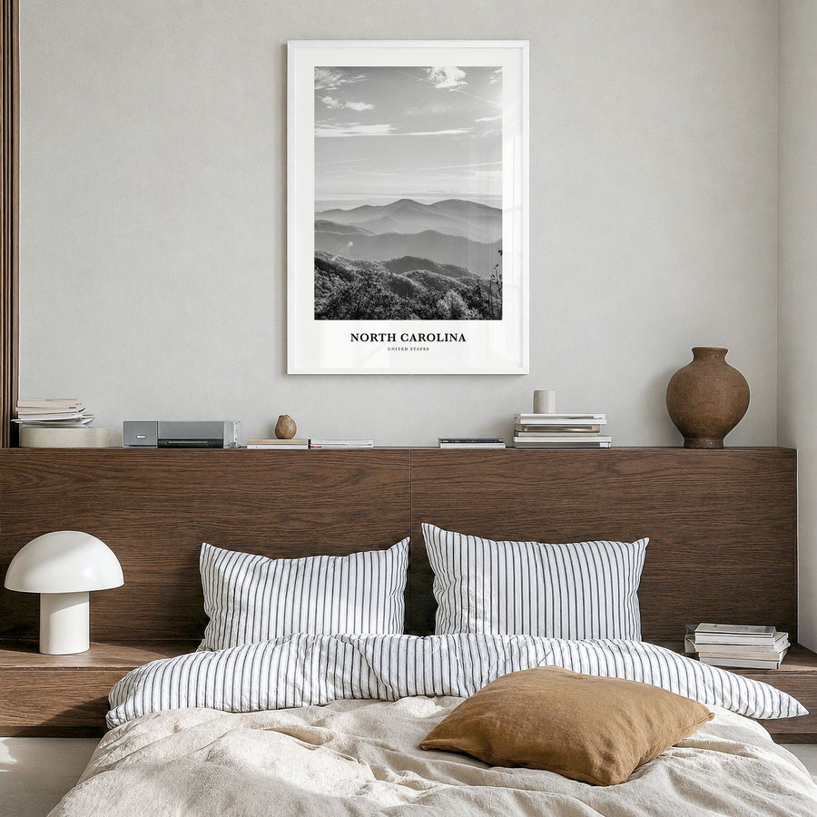 North Carolina Classic No 3 Poster in a white wood frame, hanging in a bedroom
