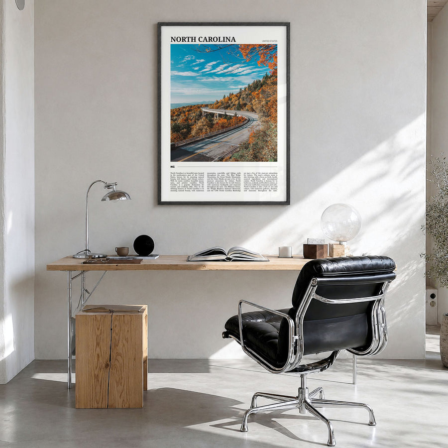 North Carolina Travel No 1 Poster in a black wood frame, hanging in a bright home office