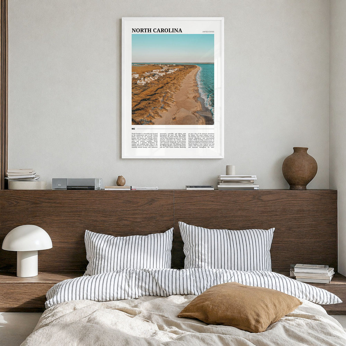 North Carolina Travel No 2 Poster in a white wood frame, hanging in a bedroom