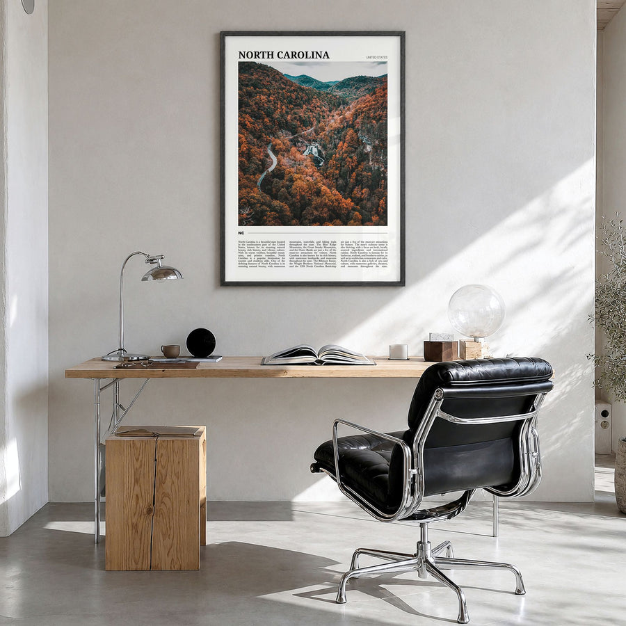 North Carolina Travel No 3 Poster in a black wood frame, hanging in a bright home office