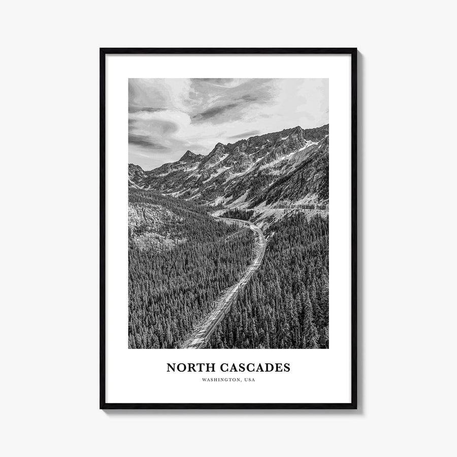 North Cascades National Park black & white classic poster of Washington, USA – vertical wall art, unframed print shown in int