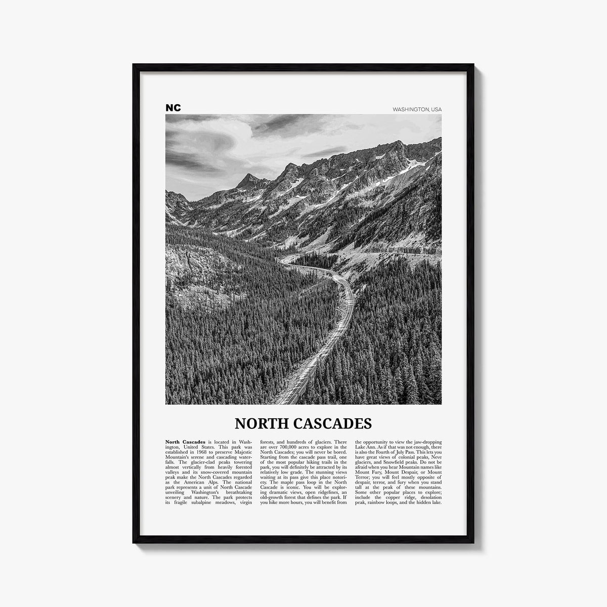 North Cascades National Park black & white newspaper poster of Washington, USA – vertical wall art, unframed print shown in i