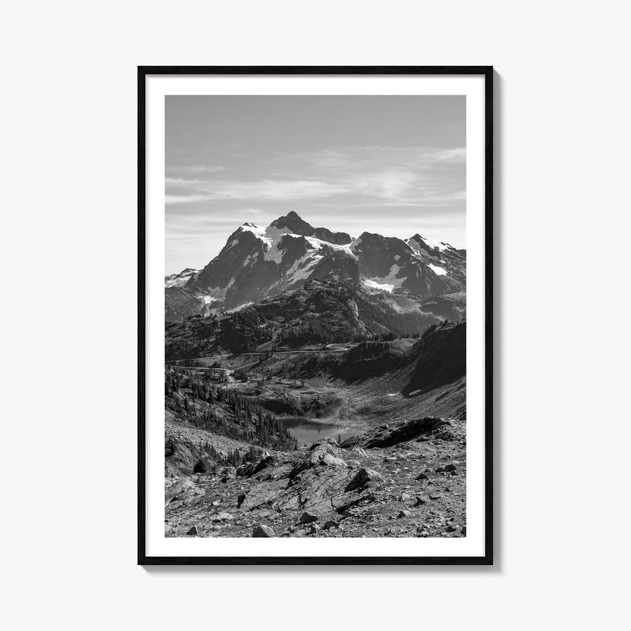 North Cascades National Park black & white photo poster of Washington, USA – vertical wall art, unframed print shown in inter