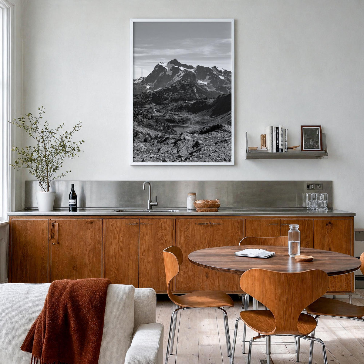 North Cascades National Park black & white photo poster of Washington, USA – vertical wall art in white wood frame, hanging o